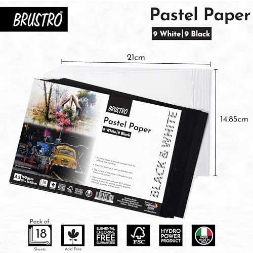 Brustro Artist Pastel Paper, A5, 160 GSM, Set of 18 Sheets (9 White + 9 Black)| Ideal for Pastels, Colour Pencils, Graphite, Charcoal, Gouache, Ink and Dry Techniques - Image 3