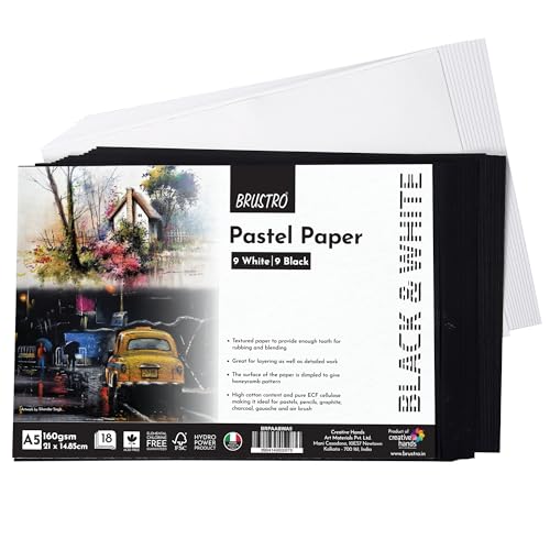 Brustro Artist Pastel Paper, A5, 160 GSM, Set of 18 Sheets (9 White + 9 Black)| Ideal for Pastels, Colour Pencils, Graphite, Charcoal, Gouache, Ink and Dry Techniques - Image 1