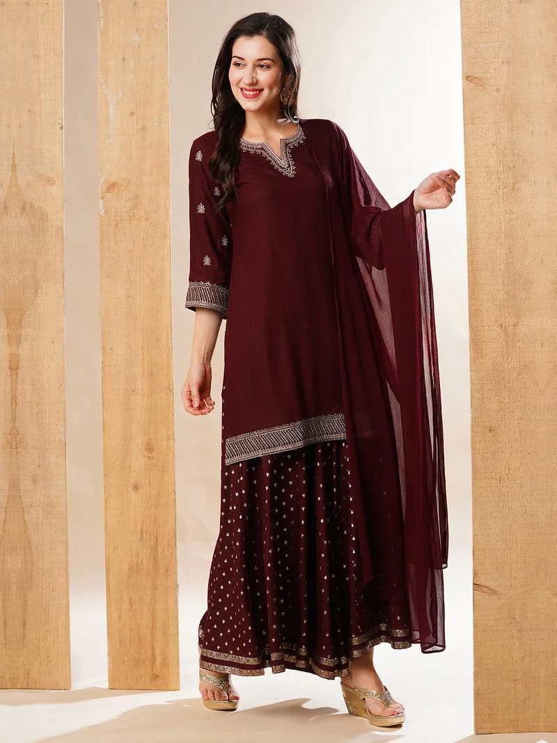 globus Women Maroon Ethnic Motifs Embroidered Regular Thread Work Kurta With Palazzos & Dupatta