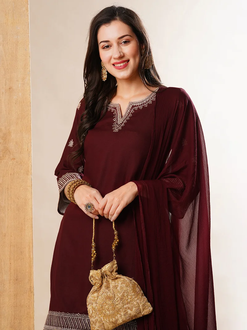 globus Women Maroon Ethnic Motifs Embroidered Regular Thread Work Kurta With Palazzos & Dupatta