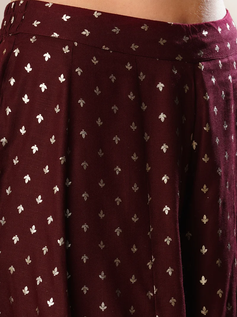 globus Women Maroon Ethnic Motifs Embroidered Regular Thread Work Kurta With Palazzos & Dupatta