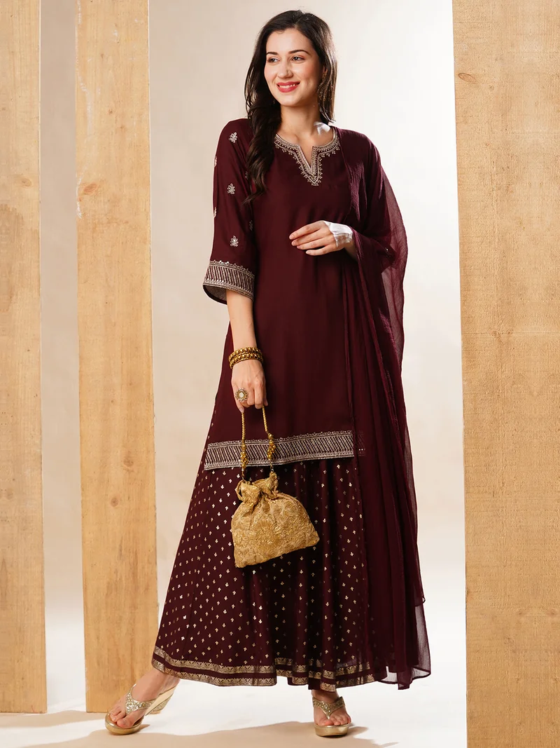 globus Women Maroon Ethnic Motifs Embroidered Regular Thread Work Kurta With Palazzos & Dupatta