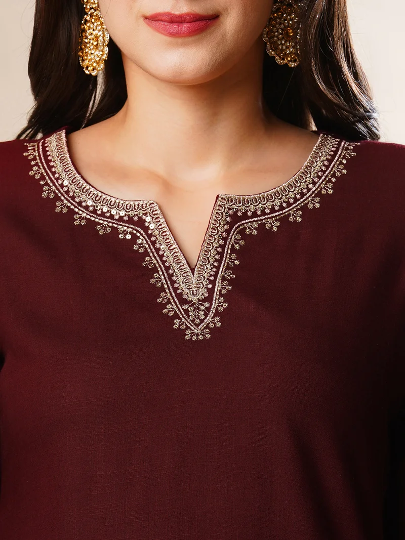 globus Women Maroon Ethnic Motifs Embroidered Regular Thread Work Kurta With Palazzos & Dupatta