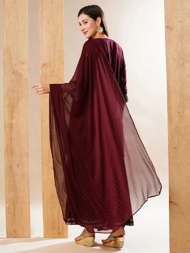 globus Women Maroon Ethnic Motifs Embroidered Regular Thread Work Kurta With Palazzos & Dupatta
