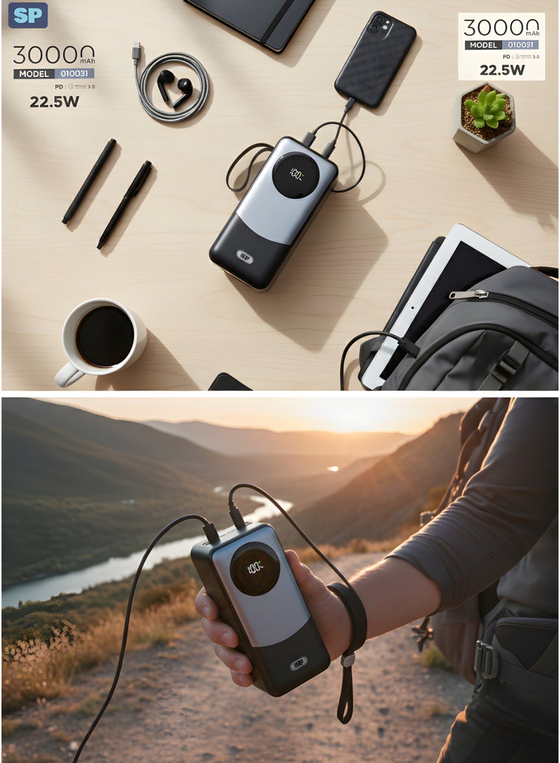 أس بي باور بانك فائق السرعة بسعة 30000 مللي أمبير/ساعة بتقنية PD وQC3.0 بقدرة 20 واط | شاحن سريع فائق السعة بمنفذي USB بقوة 22.5 واط - Image 3
