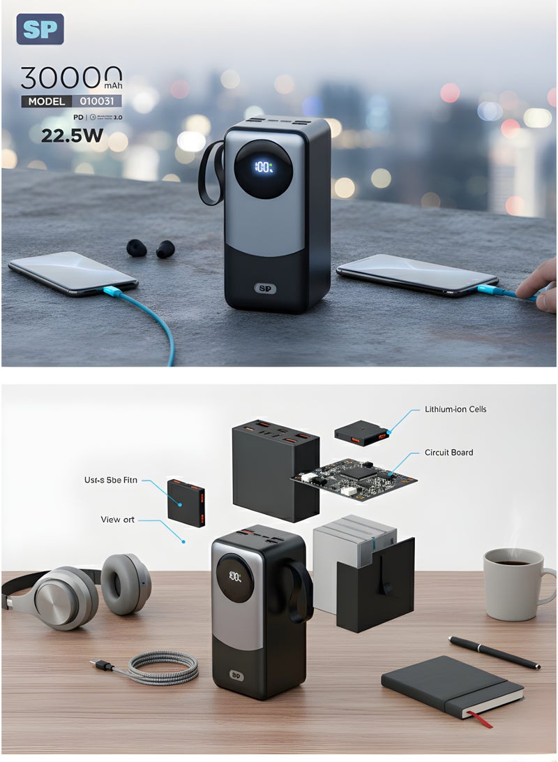أس بي باور بانك فائق السرعة بسعة 30000 مللي أمبير/ساعة بتقنية PD وQC3.0 بقدرة 20 واط | شاحن سريع فائق السعة بمنفذي USB بقوة 22.5 واط - Image 2