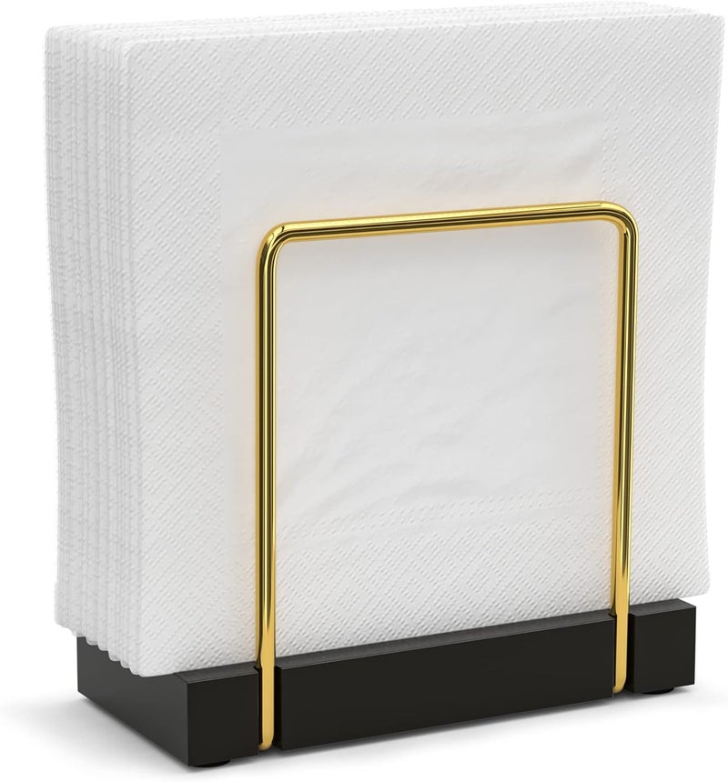 Wican Napkin Holder for Table, Bamboo Iron Standing Napkin Dispenser for Kitchen Dining Table Farmhouse Cocktail Picnic Rustic Wood Holders for Mail Bills Suitable for All Dining Room Decors Gold & Black - Image 1