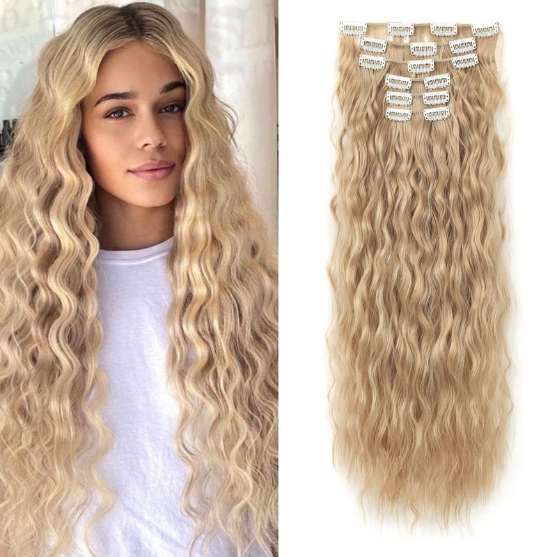 LONAI 6PCS Clip In Hair Extensions 24 Blonde Hair Extensions Long Mermaid Waves Wavy Synthetic Clip On Hairpiece For Women Natural Black Hair For Daily Use PartyAsh Brown