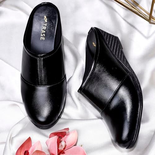 TRASE Mules for Woman | Comfortable Slip-On Wedges Heel And Padded Insole | Open-Back Stylish Casual Shoes (BLACK, 6 UK) - Image 5