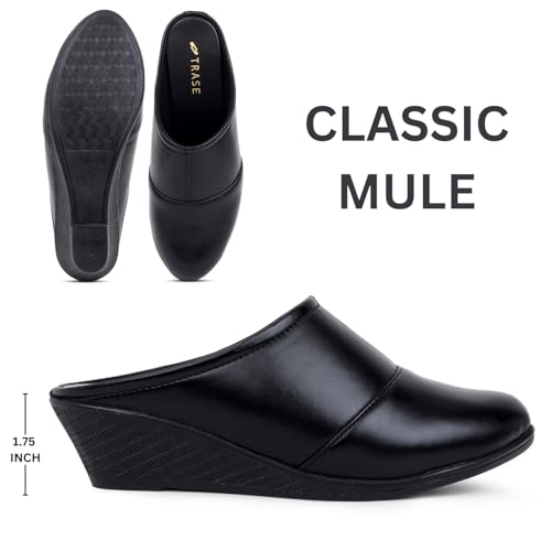 TRASE Mules for Woman | Comfortable Slip-On Wedges Heel And Padded Insole | Open-Back Stylish Casual Shoes (BLACK, 6 UK) - Image 4