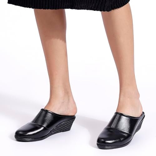 TRASE Mules for Woman | Comfortable Slip-On Wedges Heel And Padded Insole | Open-Back Stylish Casual Shoes (BLACK, 6 UK) - Image 3