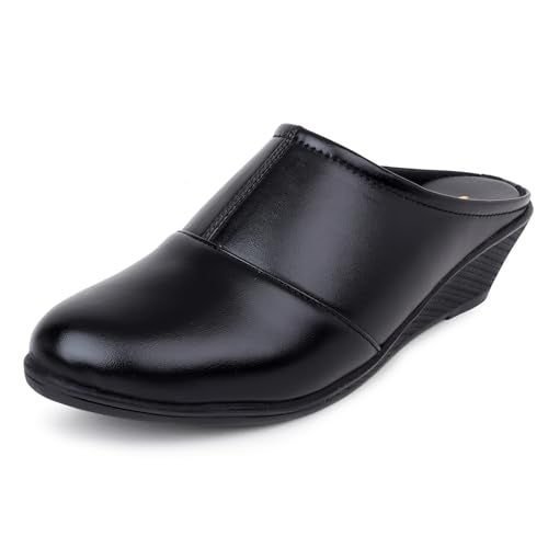 TRASE Mules for Woman | Comfortable Slip-On Wedges Heel And Padded Insole | Open-Back Stylish Casual Shoes (BLACK, 6 UK) - Image 1