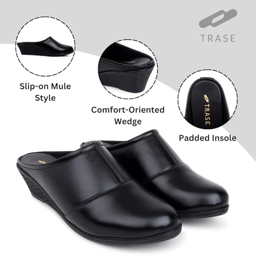 TRASE Mules for Woman | Comfortable Slip-On Wedges Heel And Padded Insole | Open-Back Stylish Casual Shoes (BLACK, 6 UK) - Image 2