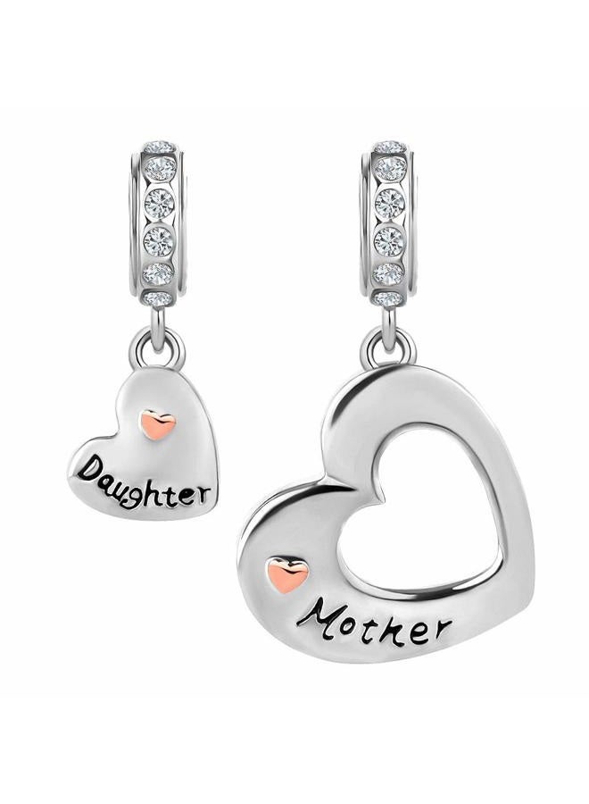 ZakiaHo Mom Mother and Daughter 2pcs Heart Love Charms for Bracelets Mothers Day Gift Compatible with Pandora Bracelets for Women, Copper, No Gemstone - Image 1