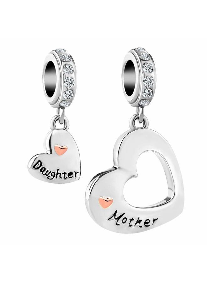 ZakiaHo Mom Mother and Daughter 2pcs Heart Love Charms for Bracelets Mothers Day Gift Compatible with Pandora Bracelets for Women, Copper, No Gemstone - Image 2