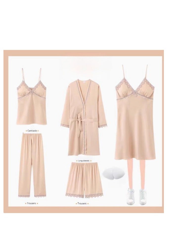 Pajama Women's Ice Silk Five Piece Set With High-End Feel And Chest Cushion Silk Home Suit Set - Image 1