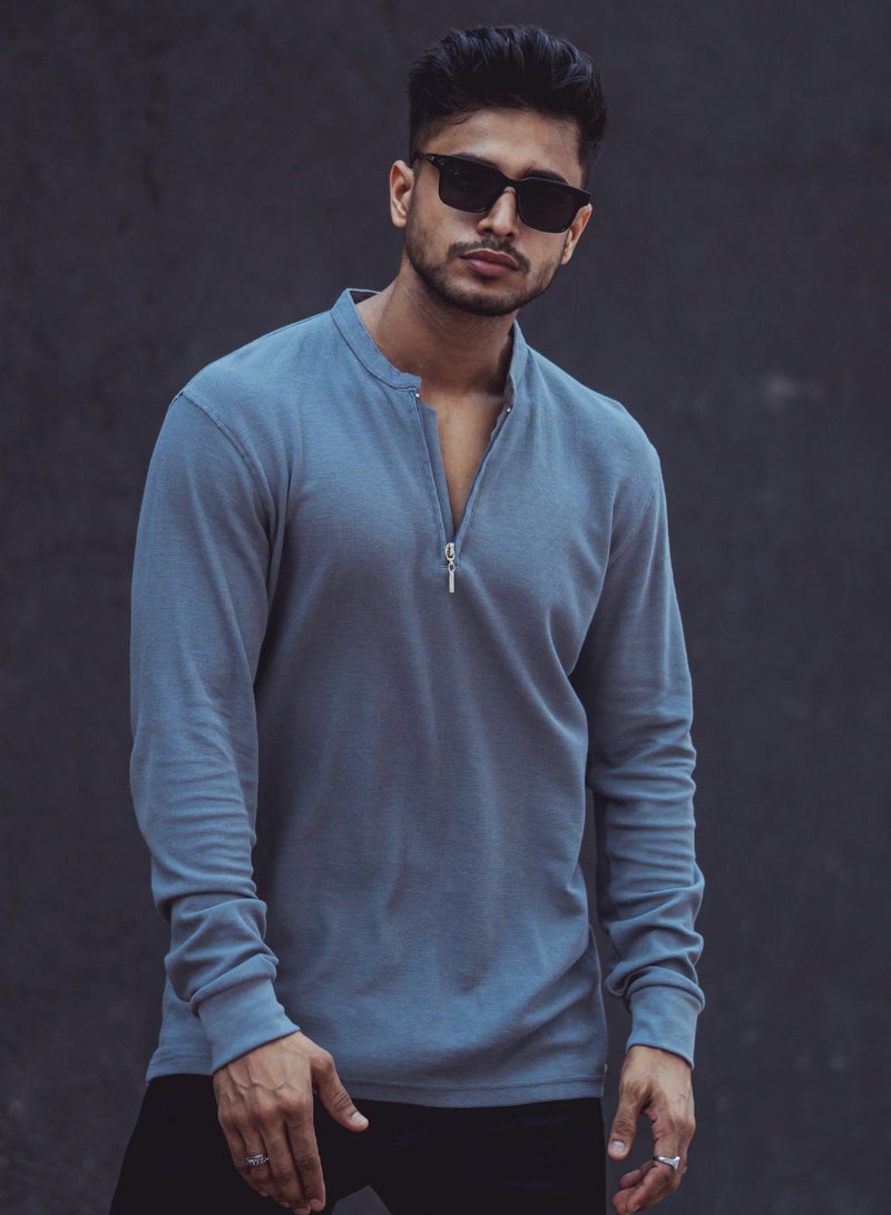 Maniac Mens High Neck Solid Full Sleeve Lite Grey Cotton Slim Fit T-Shirt - Image 1