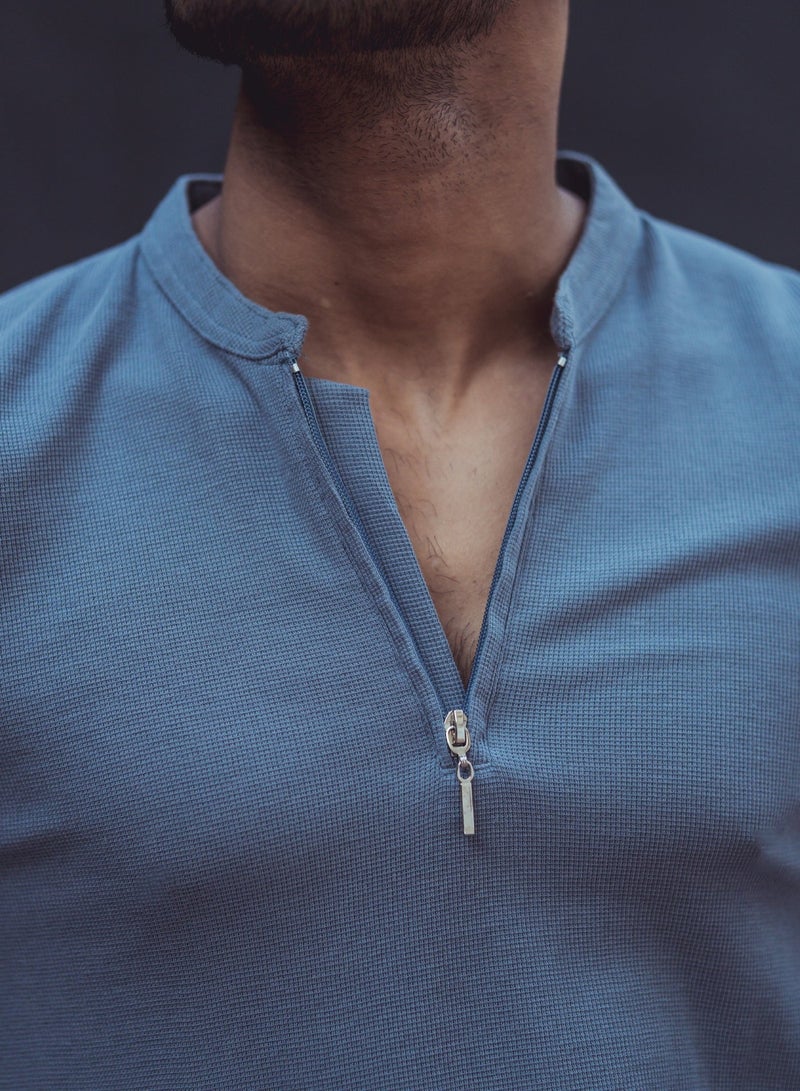 Maniac Mens High Neck Solid Full Sleeve Lite Grey Cotton Slim Fit T-Shirt - Image 4