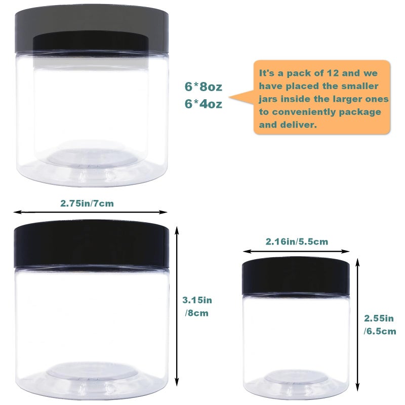 hodooly 8 oz Plastic Containers with Lids and 4oz Small Containers (Set of 12) Plastic Jars with Lids Cosmetic Jar for Body Butter, Bath Salt, Slime and Beauty Product - Image 2