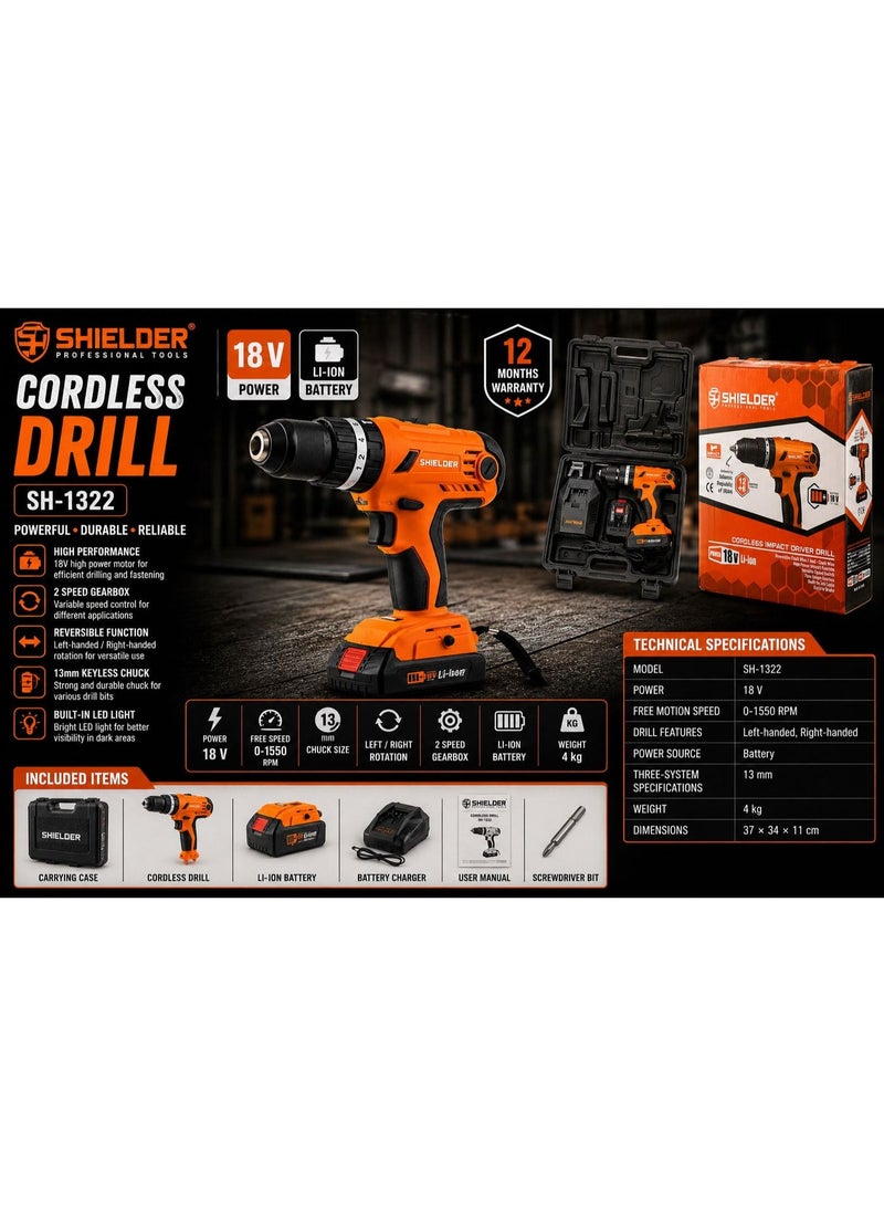 Shielder Cordless Drill Driver Shielder SH-1322 18V 2-Speed Impact LED Light - Image 1