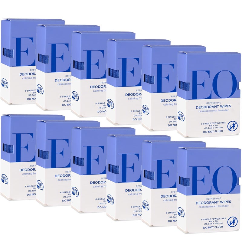 EO Natural Deodorant Wipes, 6 Wipes (Pack of 12), French Lavender, Organic Plant-Based with Pure Essential Oils - Image 1