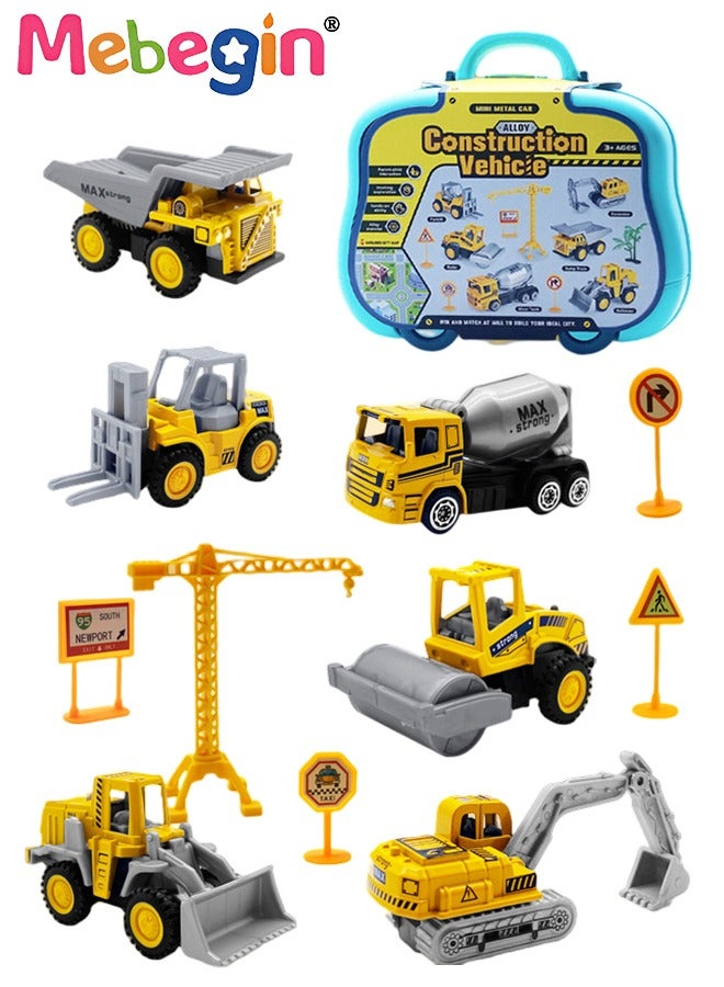 ميبيجين مجموعة ألعاب شاحنات البناء مع بساط اللعب صندوق محمول يتضمن 7 سيارات سحب للمهندسين الصغار ، حصيرة اللعب وإشارات الطريق ، مجموعة ألعاب سيارات للأولاد الصغار الذين يبلغون من العمر 3 سنوات فما فوق - Image 1