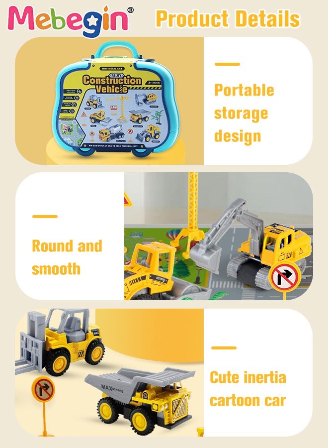 ميبيجين مجموعة ألعاب شاحنات البناء مع بساط اللعب صندوق محمول يتضمن 7 سيارات سحب للمهندسين الصغار ، حصيرة اللعب وإشارات الطريق ، مجموعة ألعاب سيارات للأولاد الصغار الذين يبلغون من العمر 3 سنوات فما فوق - Image 4