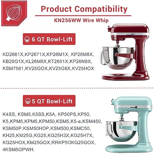 GLINK Wire Whip Attachment for KitchenAid 5-6 Quart Bowl-Lift Stand Mixers, K5AWW Wire Whisk Replacement, Egg Heavy Cream Cakes Mayonnaise Whisk, Silver - Image 4