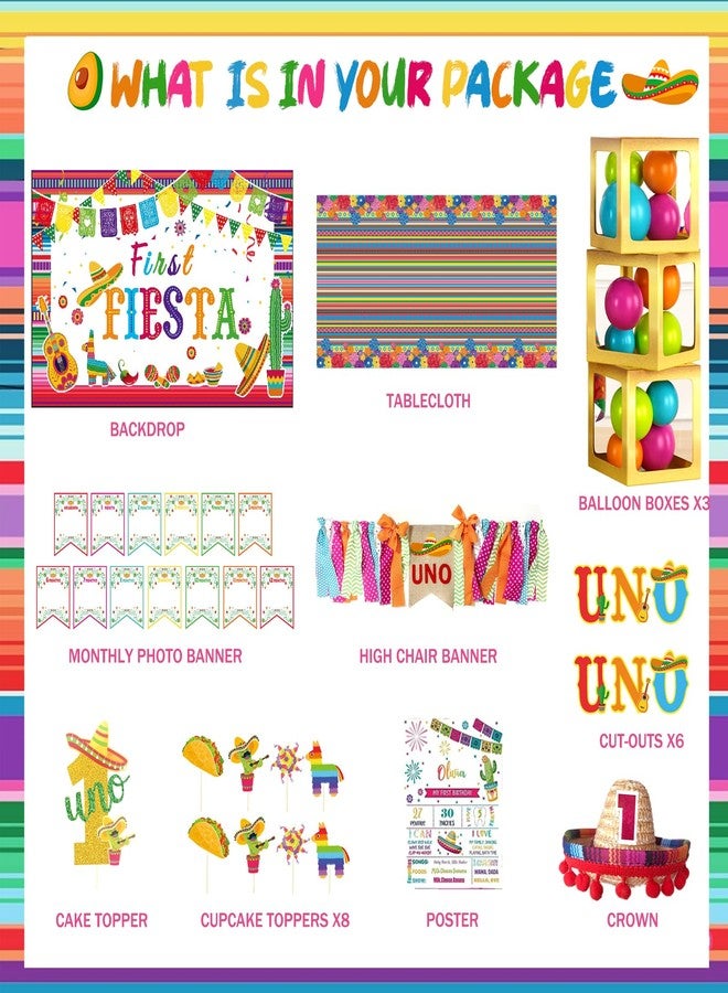 Hombae First Fiesta Birthday Decorations, Mexican Theme 1st Party Decorations, 1st Birthday Decorations Boy Girl, Uno Taco Backdrop Balloon Banner Tablecloth Cake Topper Crown Box Cutout Poster - Image 2