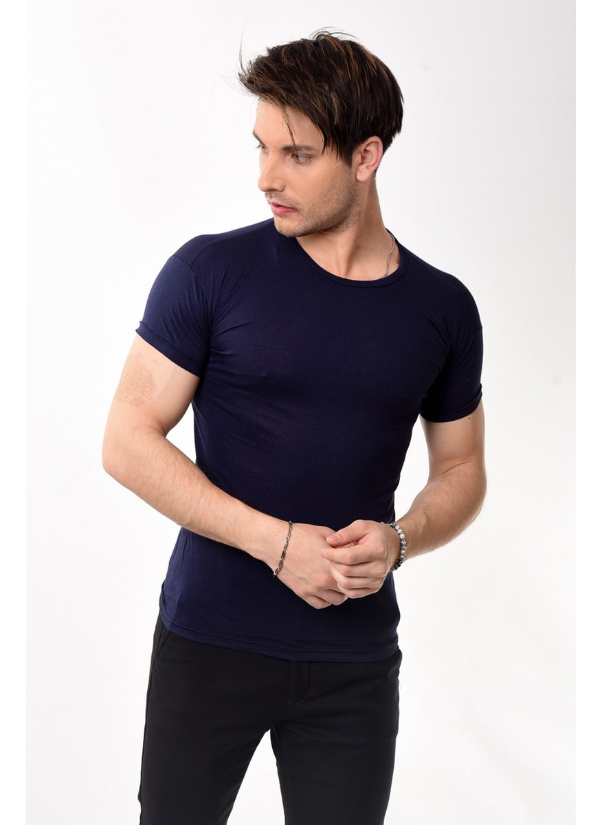 Belifanti Collection تي شيرت قصير الأكمام بقلنسوة ضيقة للرجال باللون الأزرق الداكن  - Image 2