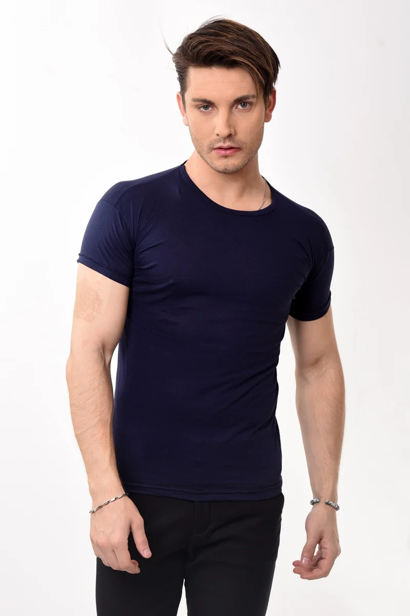 Belifanti Collection Men's Slim Fit Basic Crew Neck Short Sleeve T-Shirt Navy Blue