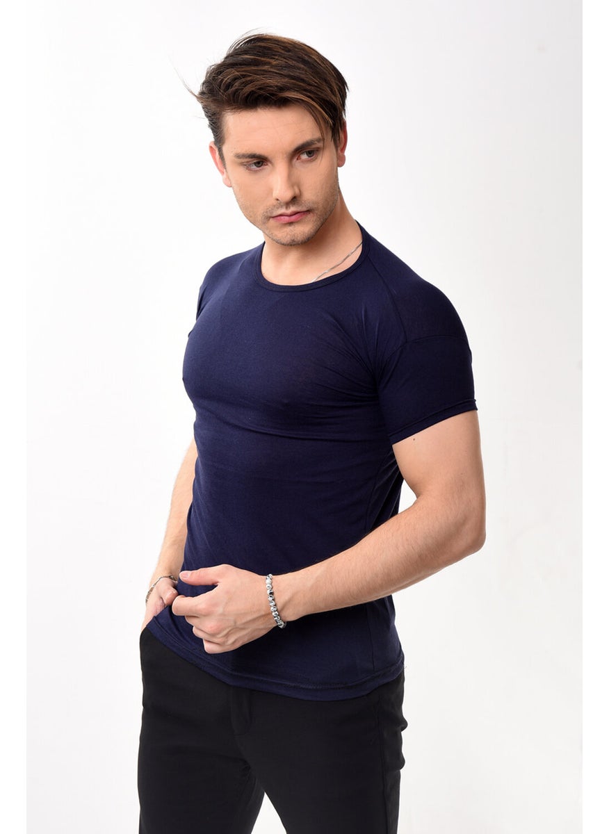 Belifanti Collection تي شيرت قصير الأكمام بقلنسوة ضيقة للرجال باللون الأزرق الداكن  - Image 4