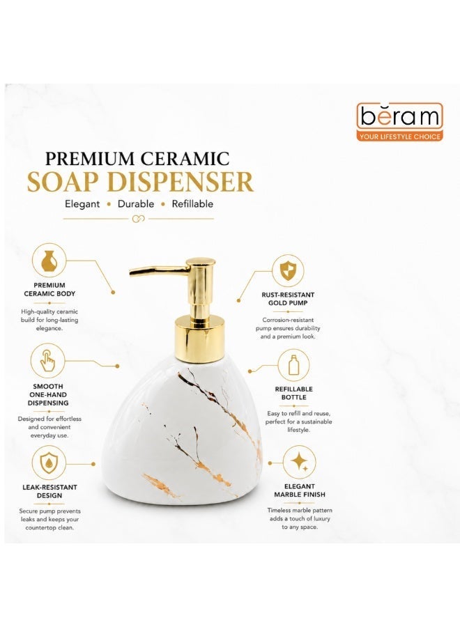 BERAM 450ml Ceramic Soap Dispenser with Premium Gold ABS Pump Refillable Marble Finish Liquid Soap & Lotion Dispenser for Hand Soap Dish Soap Shampoo Conditioner Sanitizer Bathroom Kitchen Pear White & Gold - Image 5
