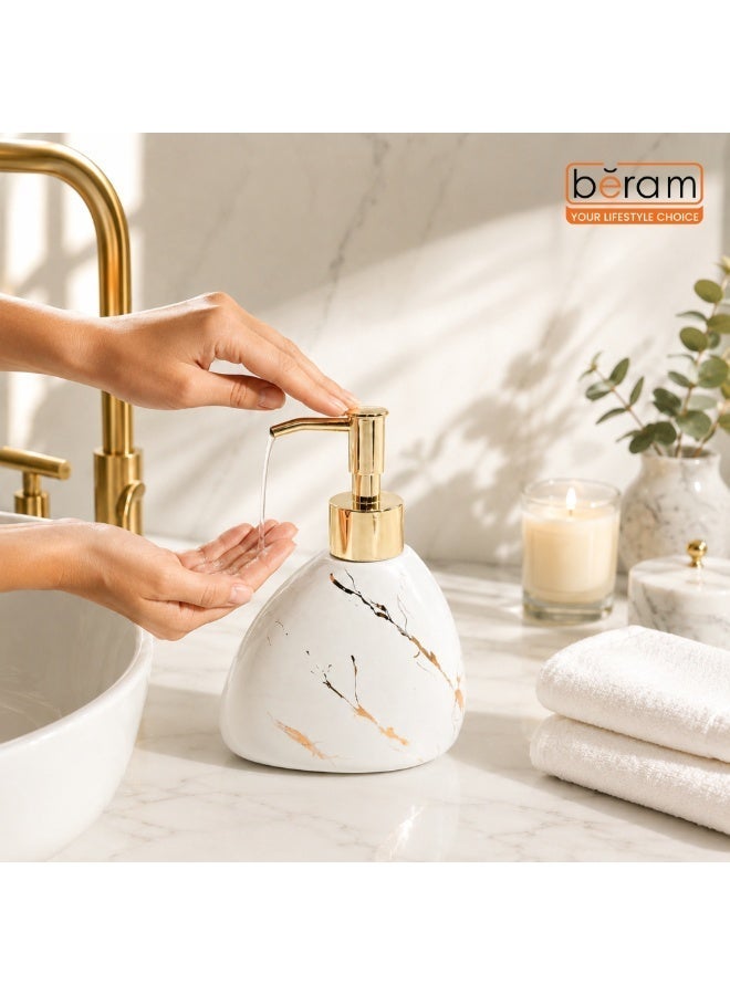 BERAM 450ml Ceramic Soap Dispenser with Premium Gold ABS Pump Refillable Marble Finish Liquid Soap & Lotion Dispenser for Hand Soap Dish Soap Shampoo Conditioner Sanitizer Bathroom Kitchen Pear White & Gold - Image 3