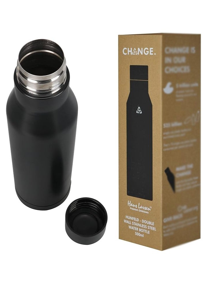 Hans Larsen Hans Larsen Hunfeld Double Walled Vacuum Insulated Water Bottle Black 8 Hours Hot and 24 Hours Cold Reusable Stainless Steel 500ML  - Image 1