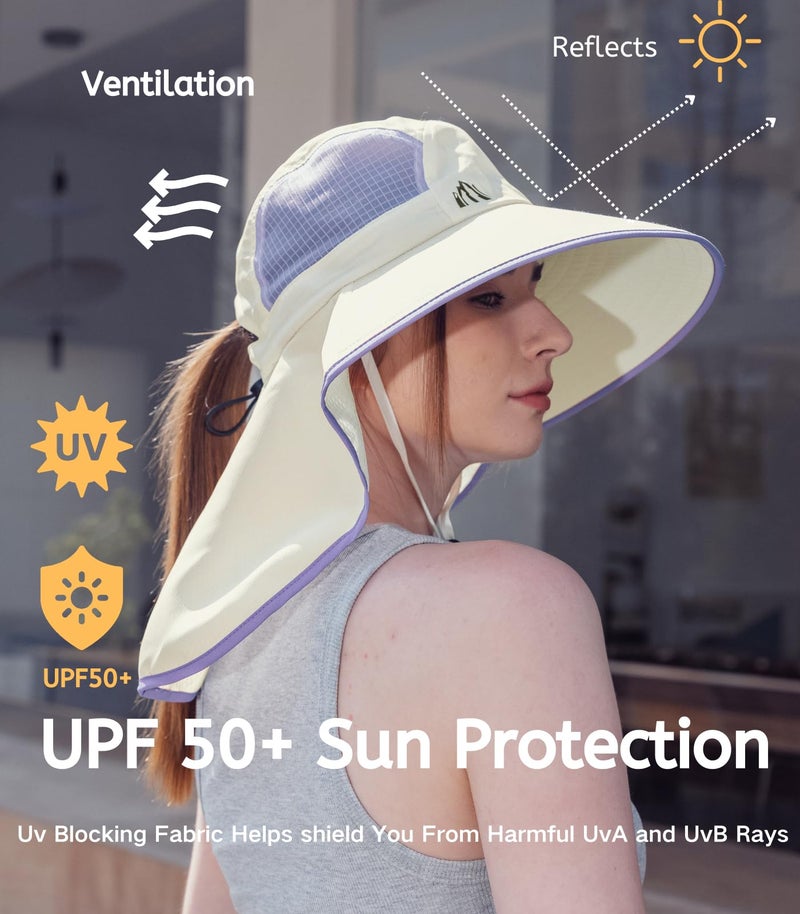Moon Kitty Womens Sun Hat UV Protection Fishing Hat Foldable Waterproof Fishing Hat Women Wide Brim Gardening Hat with Neck Flap Off-White - Image 2