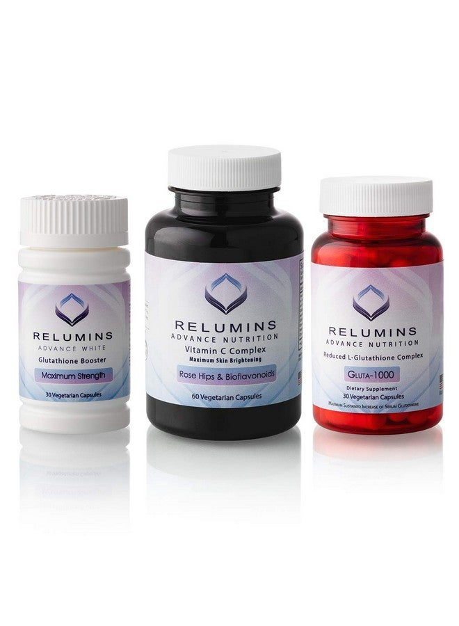 RELUMINS Relumins Advance Nutrition 3-Bottle Supplement Set - Gluta 1000 with Reduced L-Glutathione, Vitamin C MAX, Immune Function & Overall Wellness - Vegan, Halal, Kosher, cGMP Certified - Image 1
