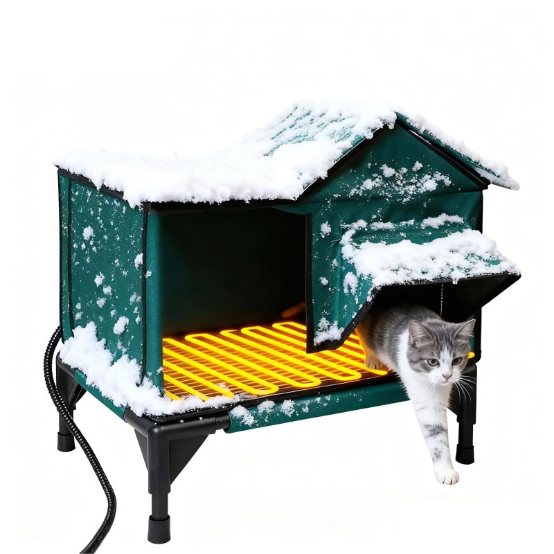 BARKBUDDY Heated Cat House for Outdoor & Indoor Use in Winer, 113Â°F Constant-Temperature Heating Pad Waterproof Windproof Warm Shelter Cat Houses (Green, Medium (21" L x 13" W x 20" H)) - Image 1