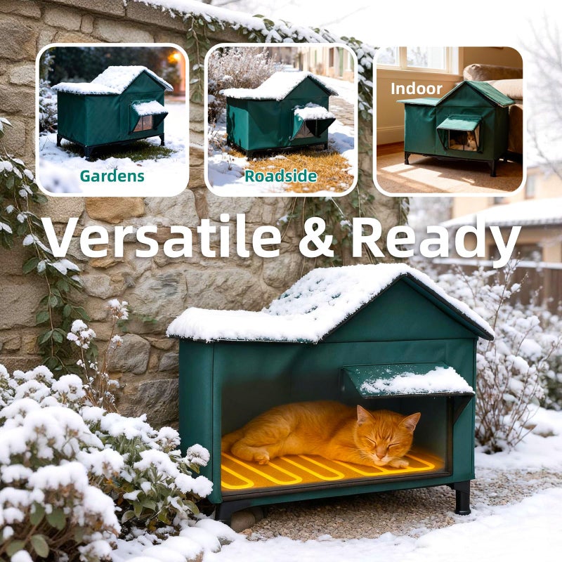 BARKBUDDY Heated Cat House for Outdoor & Indoor Use in Winer, 113Â°F Constant-Temperature Heating Pad Waterproof Windproof Warm Shelter Cat Houses (Green, Medium (21" L x 13" W x 20" H)) - Image 3