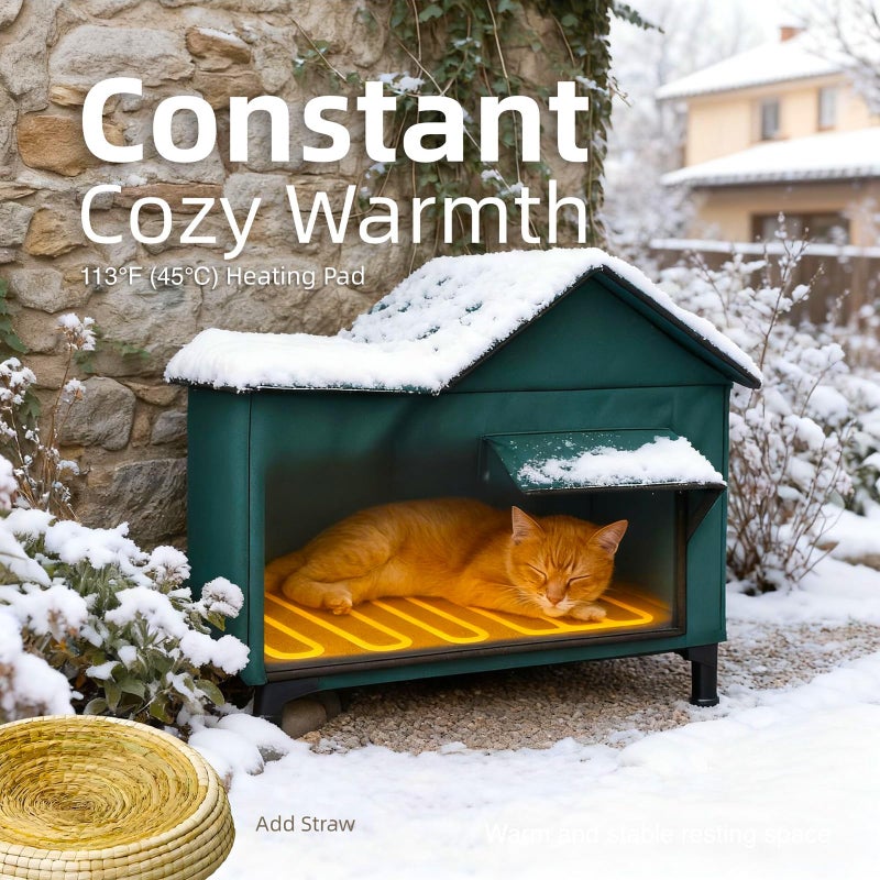 BARKBUDDY Heated Cat House for Outdoor & Indoor Use in Winer, 113Â°F Constant-Temperature Heating Pad Waterproof Windproof Warm Shelter Cat Houses (Green, Medium (21" L x 13" W x 20" H)) - Image 2
