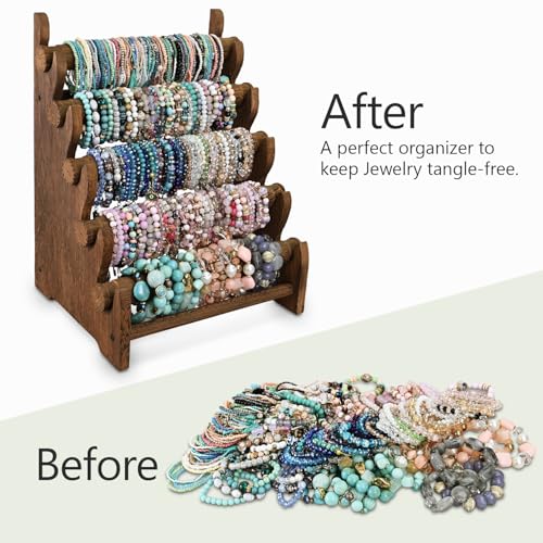 Ikee Design Antique Wooden 5-Tier Jewelry Bracelet Display Stand Bangle Scrunchie Organizer Holder for Store, Showcase and Home Storage, 12W x 10.125D x 15.75H in, Brown Color - Image 4