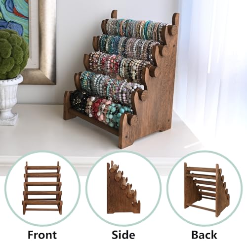 Ikee Design Antique Wooden 5-Tier Jewelry Bracelet Display Stand Bangle Scrunchie Organizer Holder for Store, Showcase and Home Storage, 12W x 10.125D x 15.75H in, Brown Color - Image 3