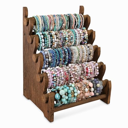 Ikee Design Antique Wooden 5-Tier Jewelry Bracelet Display Stand Bangle Scrunchie Organizer Holder for Store, Showcase and Home Storage, 12W x 10.125D x 15.75H in, Brown Color - Image 1