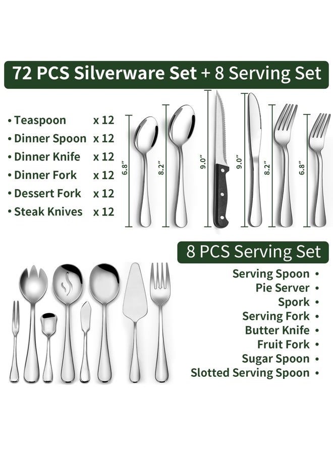 CEKEE 80 Pieces Silverware Set with Serving Utensils Set, CEKEE Stainless Steel Flatware Set for 12 with Steak Knives, Heavy Duty Cutlery Set, Kitchen Utensil Sets for Home Restaurant, Dishwasher Safe - Image 2