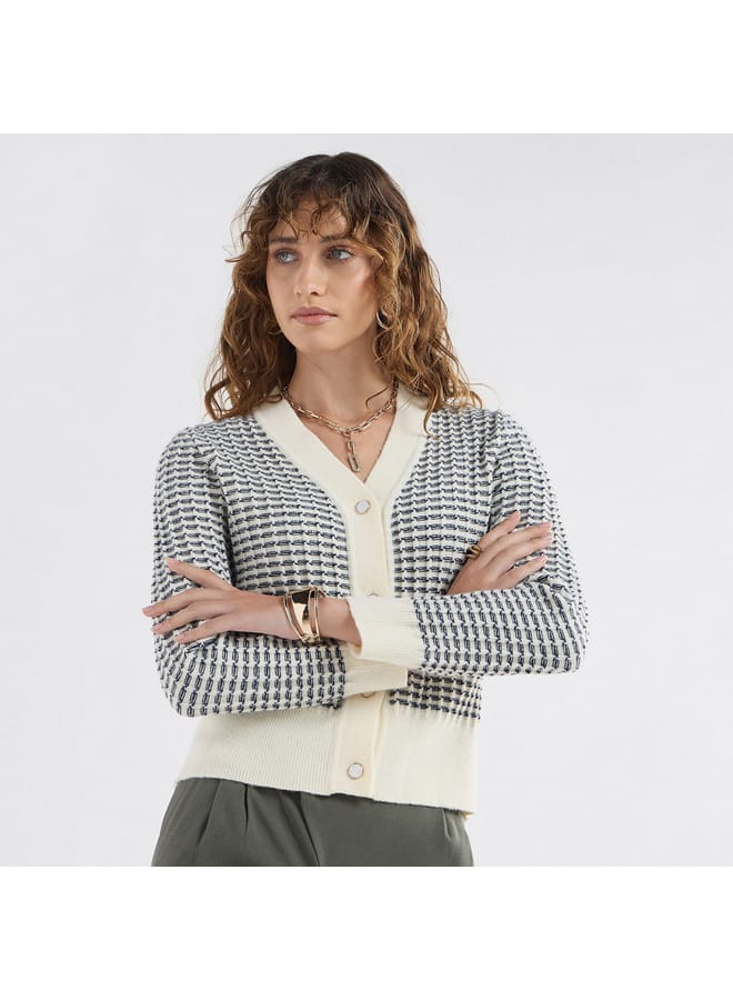 Splash FAV Textured V-neck Cardigan with Long Sleeves and Button Closure  - Image 1