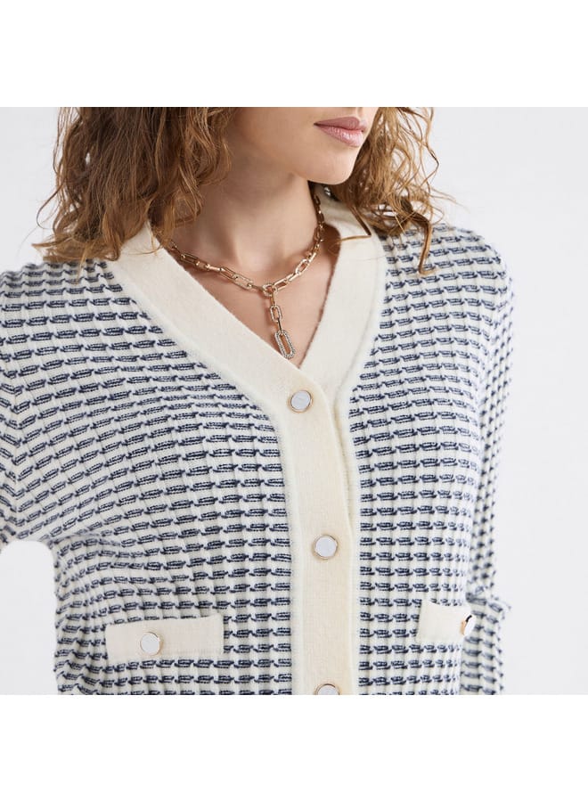 Splash FAV Textured V-neck Cardigan with Long Sleeves and Button Closure  - Image 4
