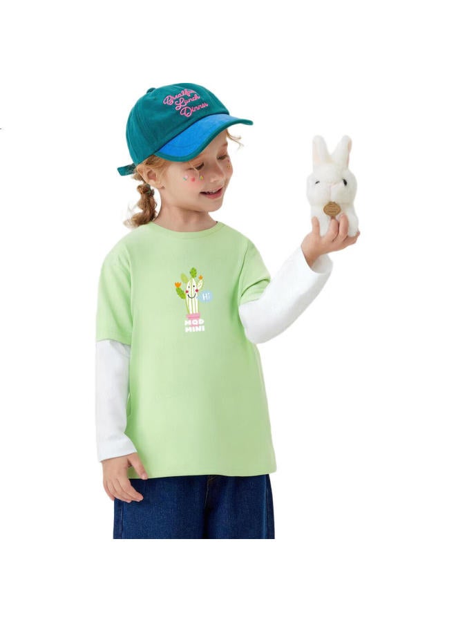 Mqdmini Children'S Long-Sleeve T-Shirt, Girls' Faux Two-Piece Solid Color T-Shirt, Base Layer Clothing, Cactus - Image 2