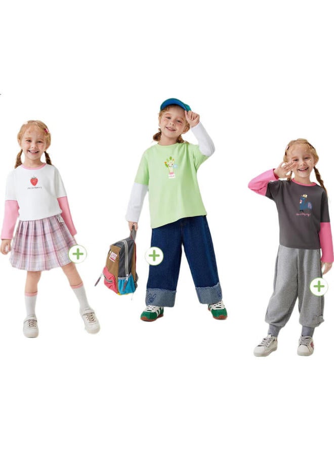 Mqdmini Children'S Long-Sleeve T-Shirt, Girls' Faux Two-Piece Solid Color T-Shirt, Base Layer Clothing, Cactus - Image 3