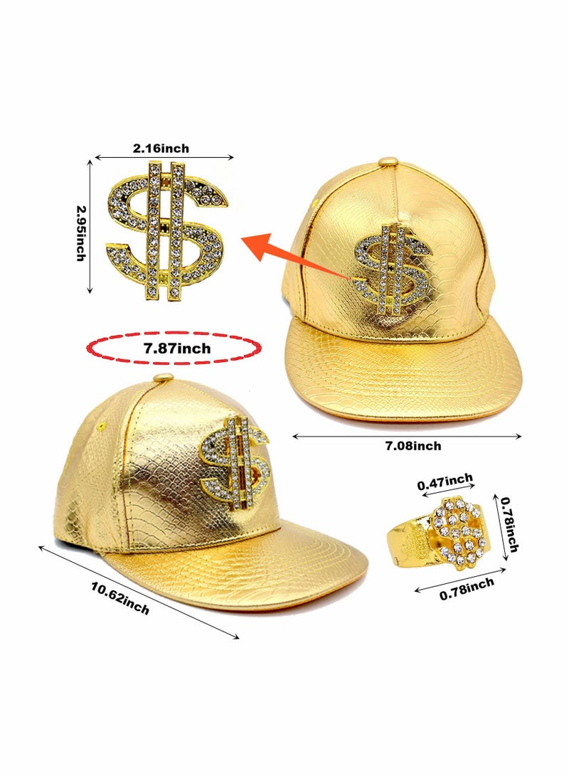 Excefore Hip Hop Costume Kit, 5 Pack Including Flat-Brimmed Hat&Necklace&Ring&Sunglasses&Bracelet, Men's and Women's Accessories, the 80s/90s Rapper Costume Golden - Image 2