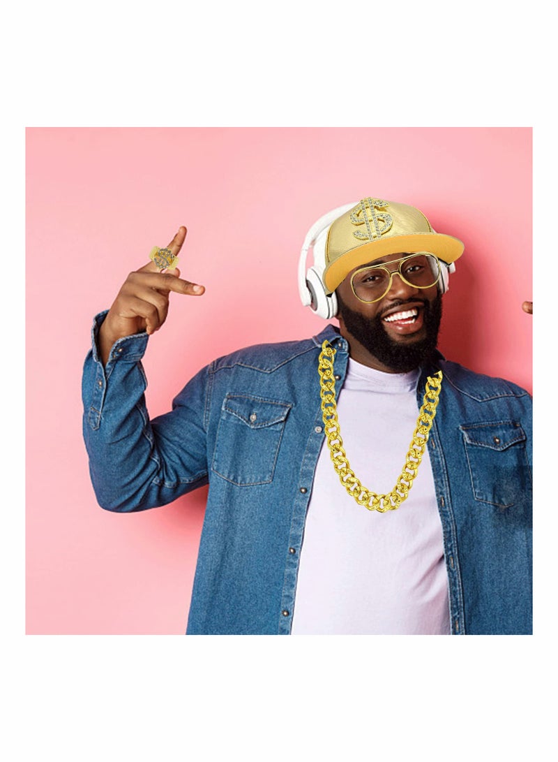 Excefore Hip Hop Costume Kit, 5 Pack Including Flat-Brimmed Hat&Necklace&Ring&Sunglasses&Bracelet, Men's and Women's Accessories, the 80s/90s Rapper Costume Golden - Image 5
